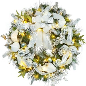 COZONY 16/24/30" Pre-Lit Christmas Wreath with 40 LED Lights – Silver & White Ornaments, Timer, 8 Modes, Holiday Door Decoration - 1 of 4