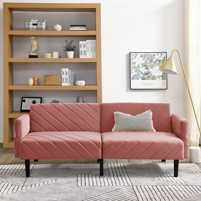 NicBex Folding Sofa Bed Convertible Velvet Sofa Bed with Adjustable Armrests Stripe Pattern Design 3 Seat