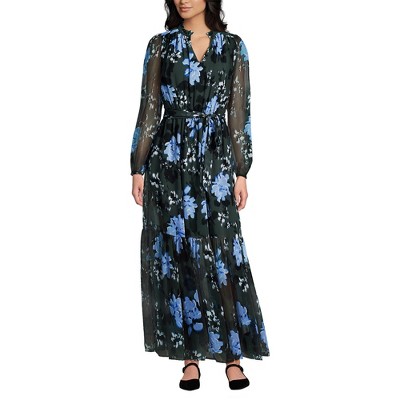 Lands' End Women's Chiffon Tiered Long Sleeve Maxi Dress