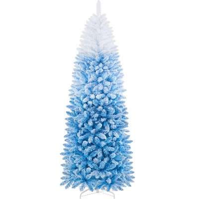 Yaheetech 6Ft/7.5Ft/9Ft Prelit Flocked Pencil Artificial Christmas Tree Holiday Decoration Hinged Spruce, Green