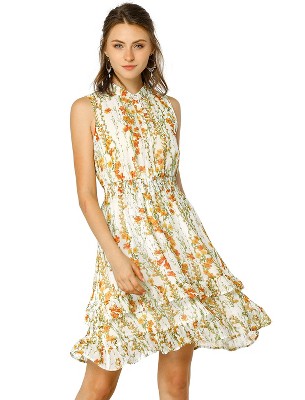 Allegra K Women's Regular Fit Floral A-line Smocked Waist Tiered Ruffled Chiffon Mini Dress