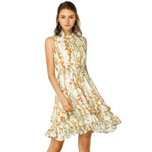 Allegra K Women's Regular Fit Floral A-line Smocked Waist Tiered Ruffled Chiffon Mini Dress - 1 of 4