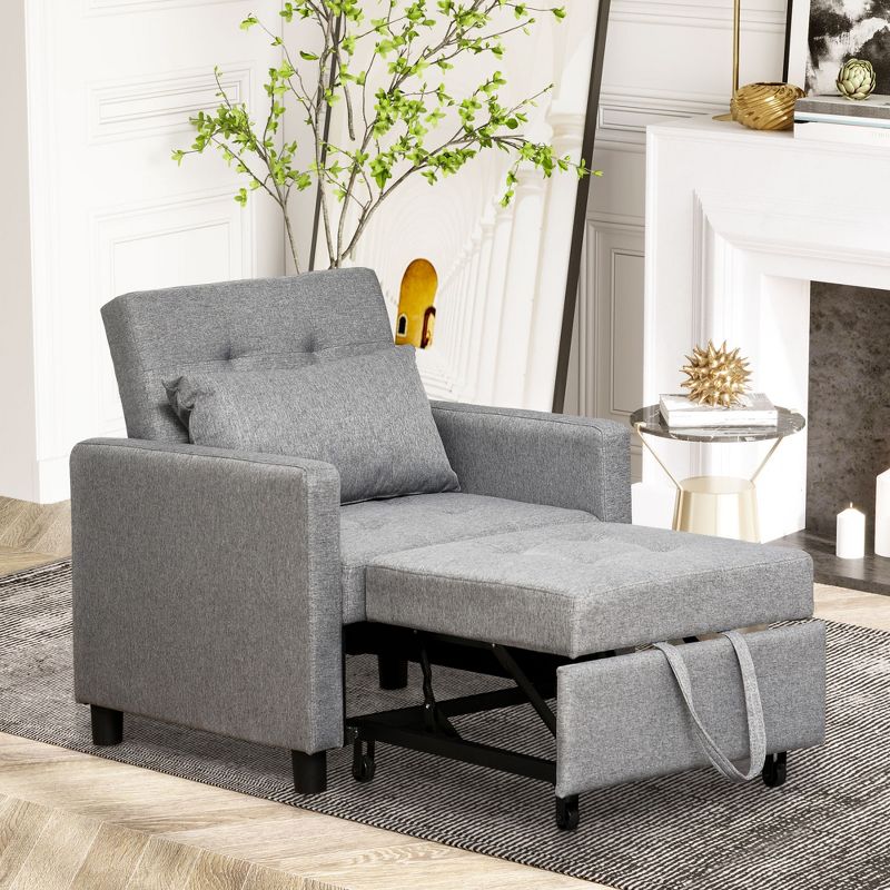 HOMCOM Convertible Sofa Lounger Chair Bed Multi-Functional Sleeper Recliner with Tufted Upholstered Fabric, Adjustable Angle Backrest, Pillow, Gray, 3 of 9