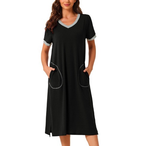 cheibear Women's V Neck Nightshirt Long Basic Slit Nightgown Short Sleeve  Sleepshirt with Pockets Black Medium