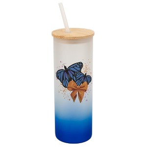 Elanze Designs 25 Ounce Frosted Glass Gradient Travel Tumbler With Straw and Wooden Lid, Blue Monarch Butterflies Navy Blue - 1 of 1