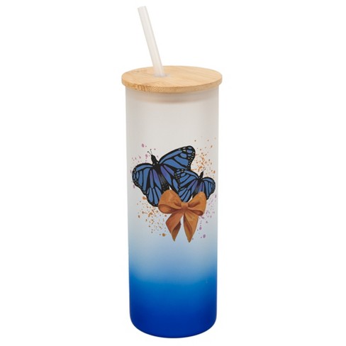 Elanze Designs 25 Ounce Frosted Glass Gradient Travel Tumbler With Straw and Wooden Lid, Blue Monarch Butterflies Navy Blue - image 1 of 1