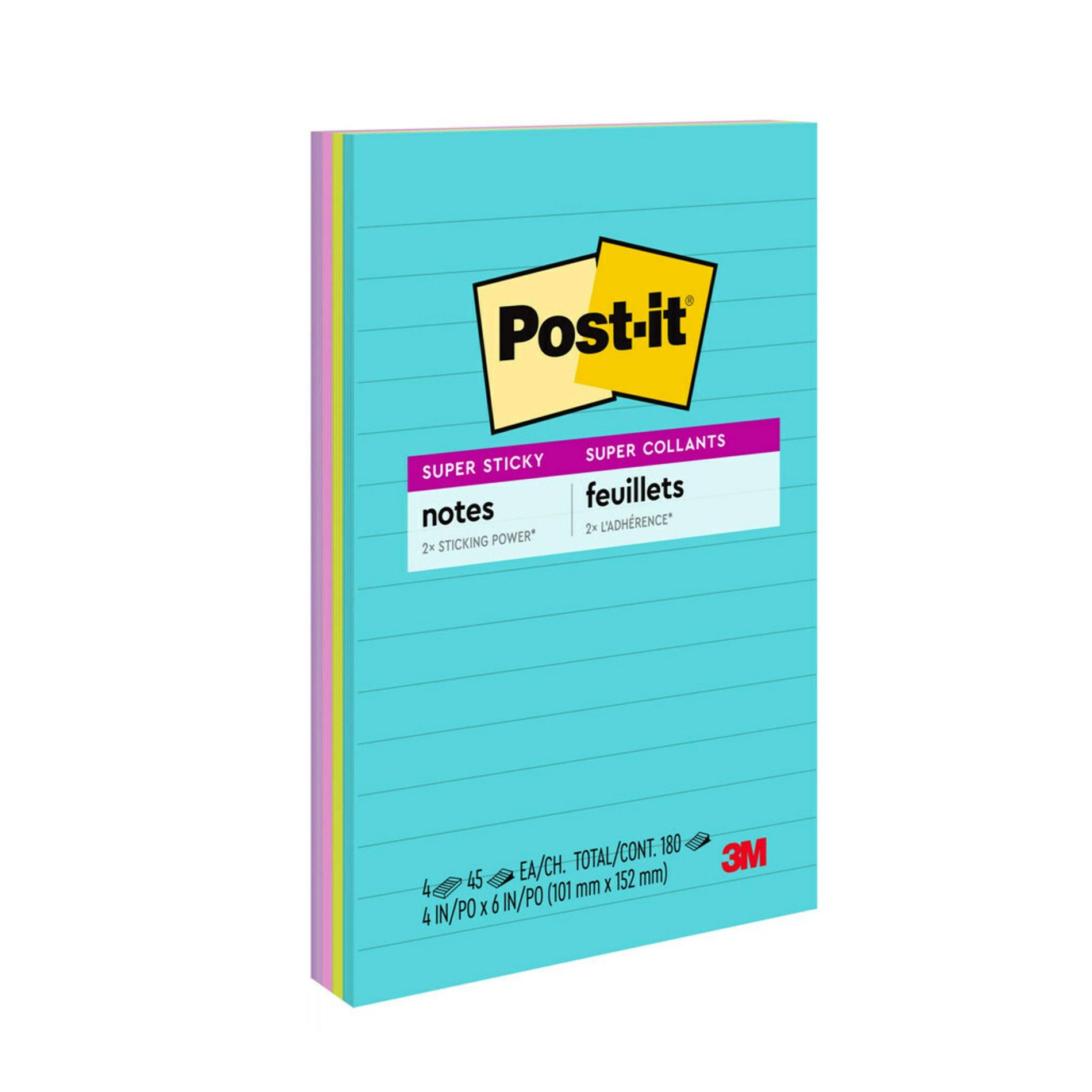 Post-it® Super Sticky Notes, 4 in. x 6 in., Supernova Neons Collection, 4 Pads/Pack, 45 Sheets/Pad, Lined: Notepads, Multicolor, Art Design