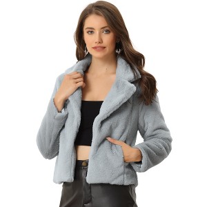 INSPIRE CHIC Women's Autumn Winter Cropped Notch Lapel Faux Fur Fluffy Jacket - 1 of 4