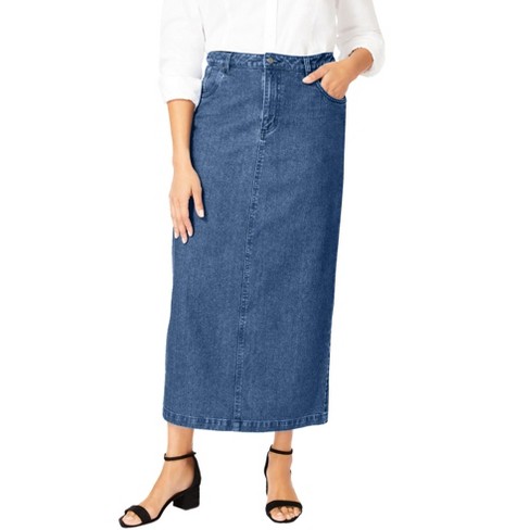 Jessica London Women's Plus Size Classic Cotton Denim Midi Skirt Pockets  Long Jean Skirt - 18, Medium Stonewash Blue