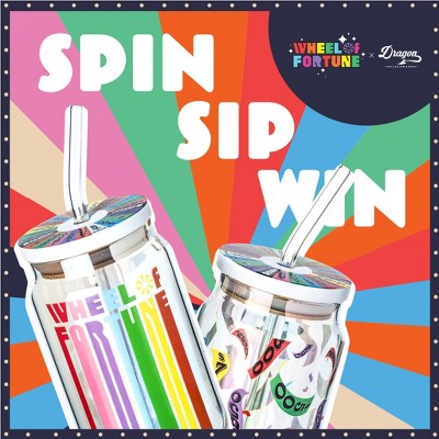 Wheel of Fortune Multicolor Glass Tumblers with Lids and Straws Set of 2