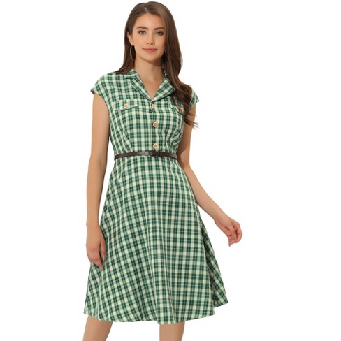 Allegra K Women's Retro Button Front Belted Cap Sleeve A-line Plaid Dress  Green Large