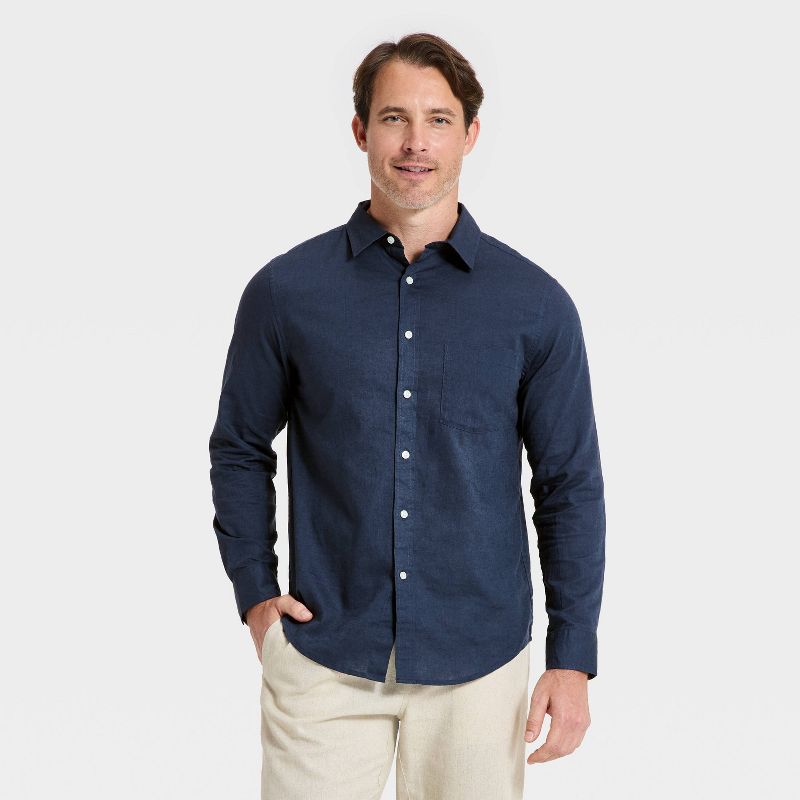 Men's Long Sleeve Linen Blend Button-Up Shirt - Goodfellow & Co™ Blue S