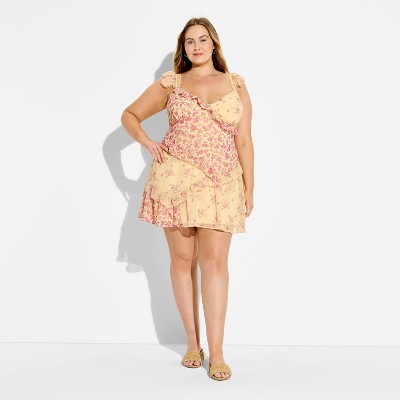 Женские платья Wild Fable Women's Patchwork Ruffle Mini Dress - Wild Fable™ Pink/Yellow Floral XXL — фото 2