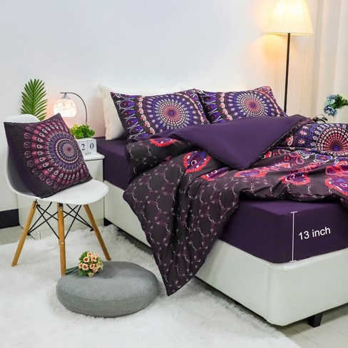 5 Pcs Polyester Bohemian Bedding Sets, Purple Bedding Sets King Size