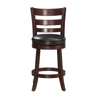 Traditional Black Leather Swivel Counter Stool with Wood Frame