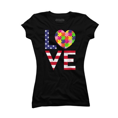 Junior's Design By Humans July 4th Love Flag With Puzzle Heart By Ujangkasep T-Shirt