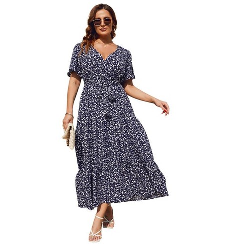 Women Plus Size V Neck Wrap Maxi Dress High Waist Ruffle Summer Casual Dress With Belt Short Sleeve Navy Blue Flower Xl Target