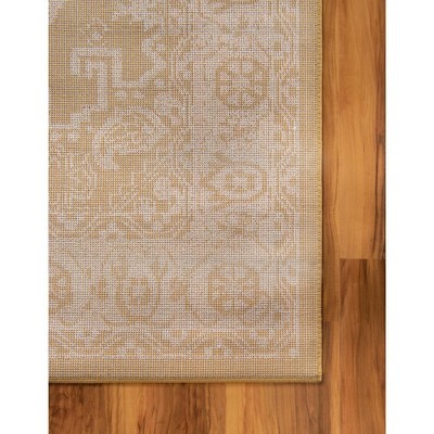 Gold and Beige Rectangular Stain-Resistant Synthetic Rug