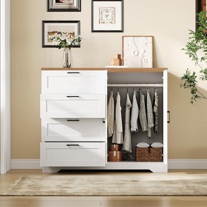 Multifunctional Wooden Dresser, 2 Door Wardrobe Armoire Closet with 4 Drawers and Hanging Rod, Low Storage Cabinet for Hanging Cloth - 1 of 4