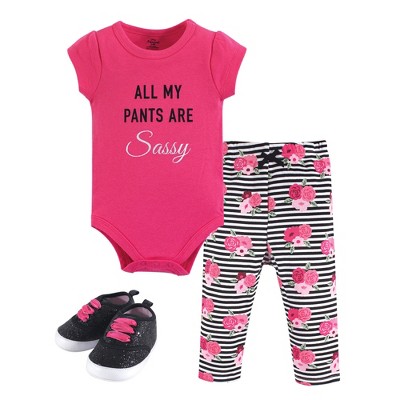 Little Treasure Baby Girl Cotton Bodysuit Pant And Shoe 3pc Set