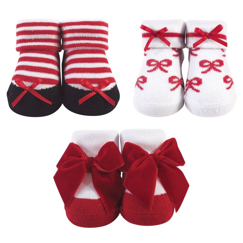 Hudson Baby Infant Girl Socks Boxed Giftset, Red Bows, One Size, 1 of 3