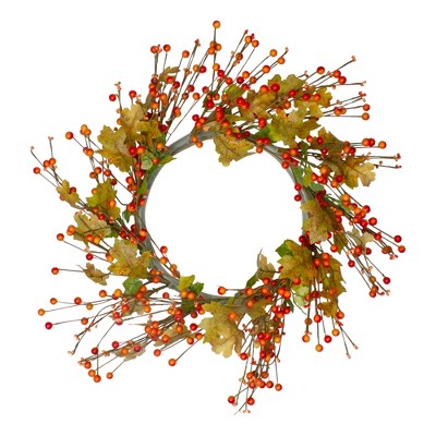 Northlight Orange Berries and Yellow Leaves Fall Harvest Artificial Wreath, 22"
