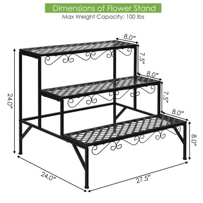 Black Steel 3-Tier Ladder Plant Stand with Decorative Patterns