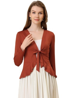 INSPIRE CHIC Women's Tie Front Long Sleeve Crop Ruffle Knit Cardigan Sweaters