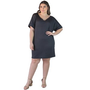24seven Comfort Apparel Plus Size Solid Color Loose Fit V Neck T Shirt Style Knee Length Dress - 1 of 4