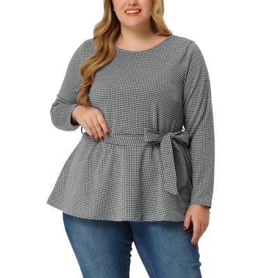 Agnes Orinda Women's Plus Size Houndstooth Formal Outfits Plaid Tie Waist Workwear Blouses