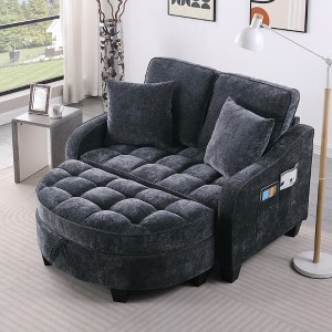 42.68'' Corduroy 2-Seater Sofa Chaise Longue with Irregular Armrests, Plush Cushions, Footrest Storage, and Two Throw Pillows - 1 of 4