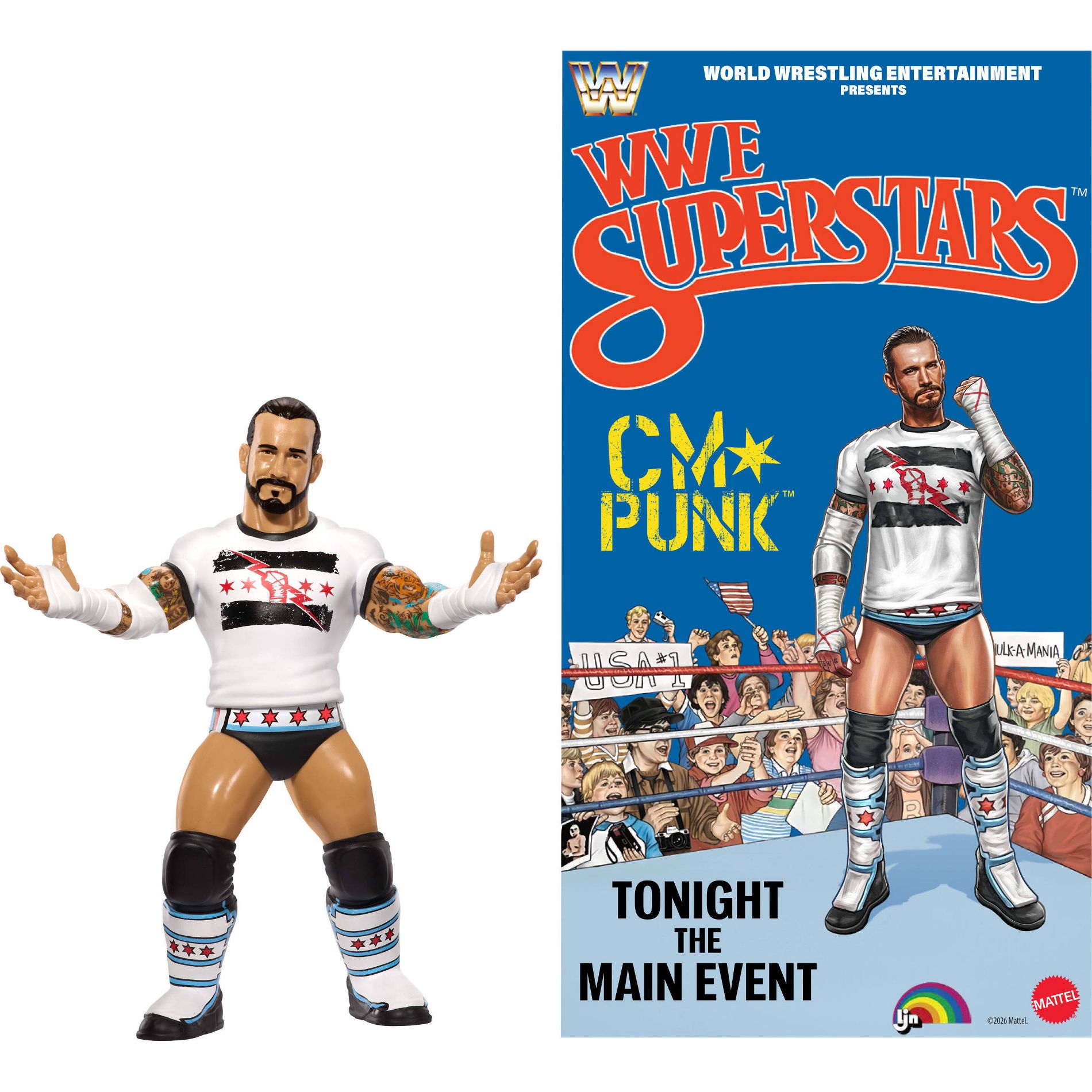 LJN WWE Superstars CM Punk Action Figure, 1980s Retro 8" Collectible Toy