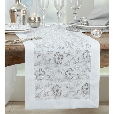 White Floral Embroidered Polyester Table Runner