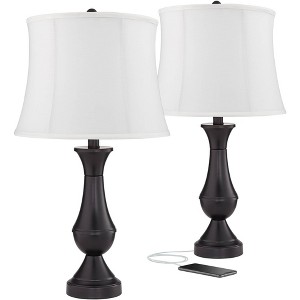 Regency Hill Traditional Table Lamps 25" High Set of 2 with USB Port Bronze Metal LED Touch On Off White Softback Drum Shade for Bedroom Living Room - 1 of 4
