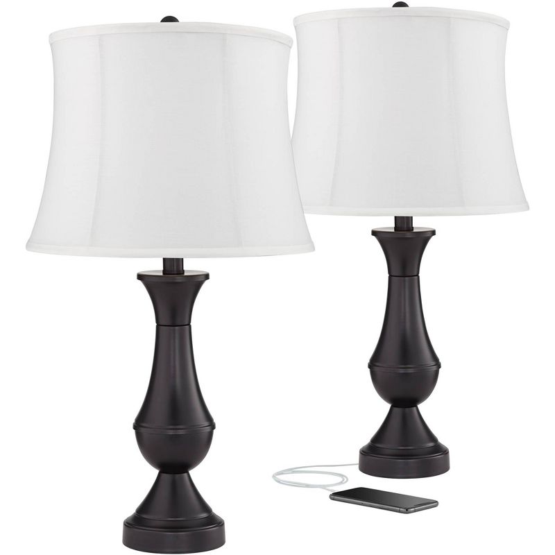 Regency Hill Traditional Table Lamps 25" High Set of 2 with USB Port Bronze Metal LED Touch On Off White Softback Drum Shade for Bedroom Living Room, 1 of 7