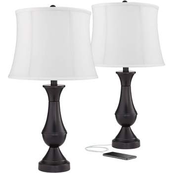 Regency Hill Traditional Table Lamps 25" High Set of 2 with USB Port Bronze Metal LED Touch On Off White Softback Drum Shade for Bedroom Living Room