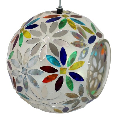 6-Inch Round Glass Mosaic Hanging Bird Feeder with Rainbow Daisies