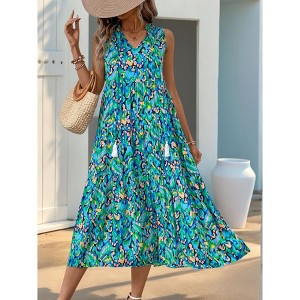 Womens Summer Loose Fit Maxi Dress Casual V Neck Sleeveless Bohemian Floral Print Long Beach Sundresses - 1 of 4