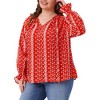Women's Plus Size Printed Pattern Tie Notch V Neck Flare Long Sleeve Casual Blouses - Agnes Orinda - 2 of 4