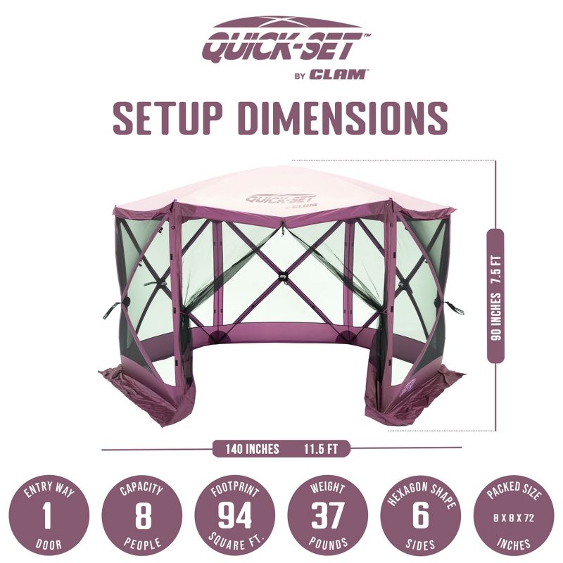 CLAM Quick-Set Escape 11.5 x 11.5 Foot Portable Pop-Up Outdoor Camping Gazebo Screen Tent 6-Sided Canopy Shelter with Stakes & Carry Bag, Plum, 3 of 7