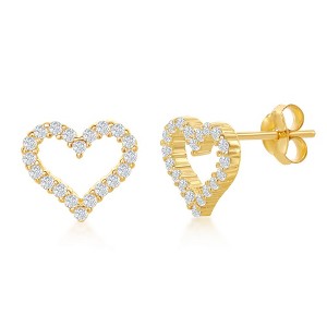 Bella Silver Sterling Silver Open Heart Cubic Zirconia Stud Earrings - Gold Plated - Yellow - 1 of 2