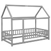 DOMETOUR Twin Size Floor Wooden Bed with House Roof Frame, Fence Guardrails,Grey(Old SKU:W50471471) - 3 of 4