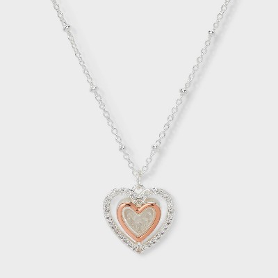 Silver Plated Cubic Zirconia Heart Pendant Necklace - Silver/Gold