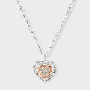 Silver Plated Cubic Zirconia Heart Pendant Necklace - Silver/Gold - 1 of 4