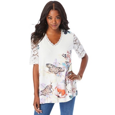Roaman's Women's Plus Size Ultra Drape V Neck Lace Print Tee