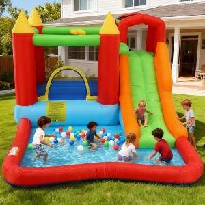 KRISRATE Inflatable Bounce House 12 x 9FT, Water Park Bouncy Castle with Long Slide, Climbing Wall, Basketball Hoop & Splash Pool for Outdoor Backyard - 1 of 4