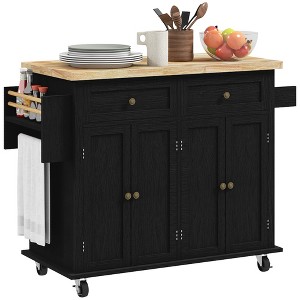 HOMCOM Kitchen Island on Wheels, Rolling Cart with Rubber Wood Top, Spice Rack, Towel Rack & Drawers for Dining Room - 1 of 4