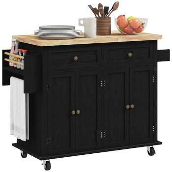 HOMCOM Kitchen Island on Wheels, Rolling Cart with Rubber Wood Top, Spice Rack, Towel Rack & Drawers for Dining Room, Distressed Black