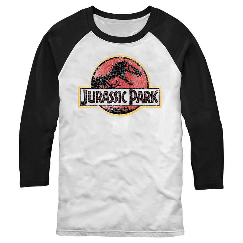 Men's Jurassic Park Cracked T-Rex Logo Baseball Tee, 1 of 5
