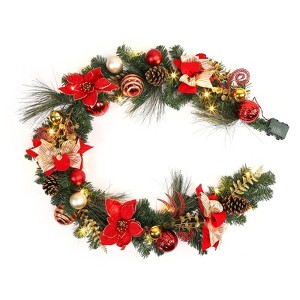 6ft Christmas Decorations Christmas Garland with Red-Gold Ornaments & Poinsettia Winter Wreath Artificial PVC Pine Garland - 1 of 4